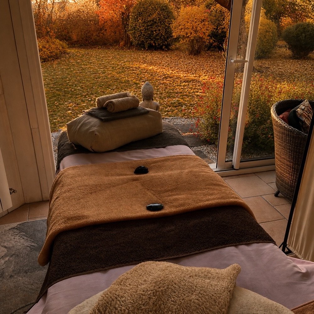 Saison Automne, la table de soin face au jardin du cabinet aux couleurs d'automne