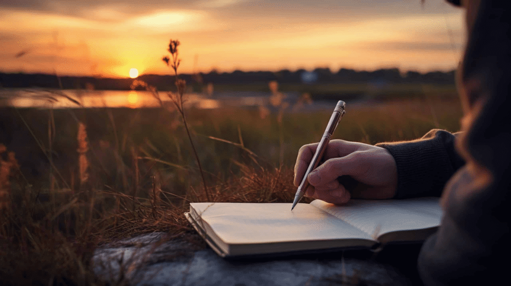 AdobeStock_631456622-scaled-2 Femmeen train d'écrire coucher de soleil nature