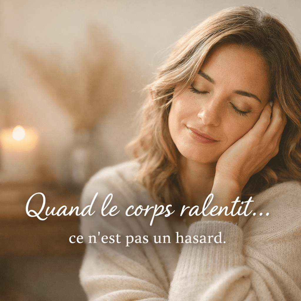 Femme apaisée les yeux fermés symbolisant le moment où le corps ralentit et invite à l’écoute intérieure