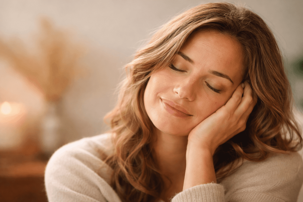 Femme apaisée les yeux fermés illustrant un moment de ralentissement et d’écoute du corps