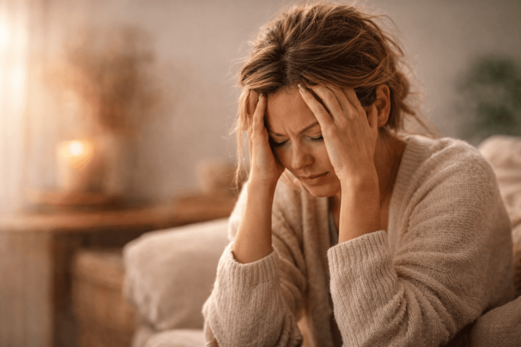 Femme fatiguée tenant sa tête illustrant la charge mentale et la fatigue du corps