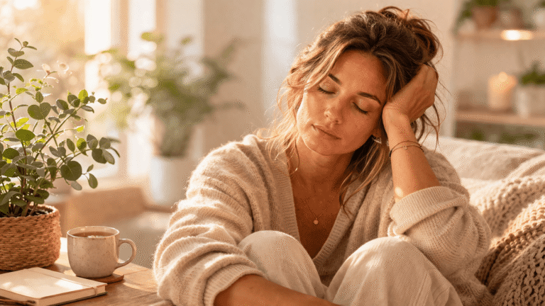 Femme fatiguée dans un intérieur chaleureux illustrant une fatigue inexpliquée et un besoin de ralentir
