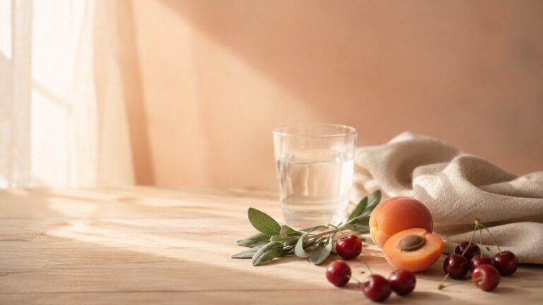 Verre d'eau, abricot, cerises et brin de sauge sur une table en bois dans la lumière du matin, s'alléger avant l'été