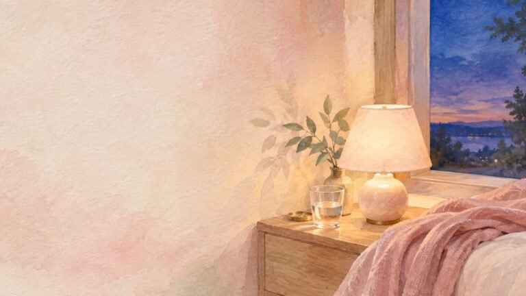 Une lampe allumée sur une table de chevet au crépuscule, un verre d'eau et un plaid rose, en aquarelle