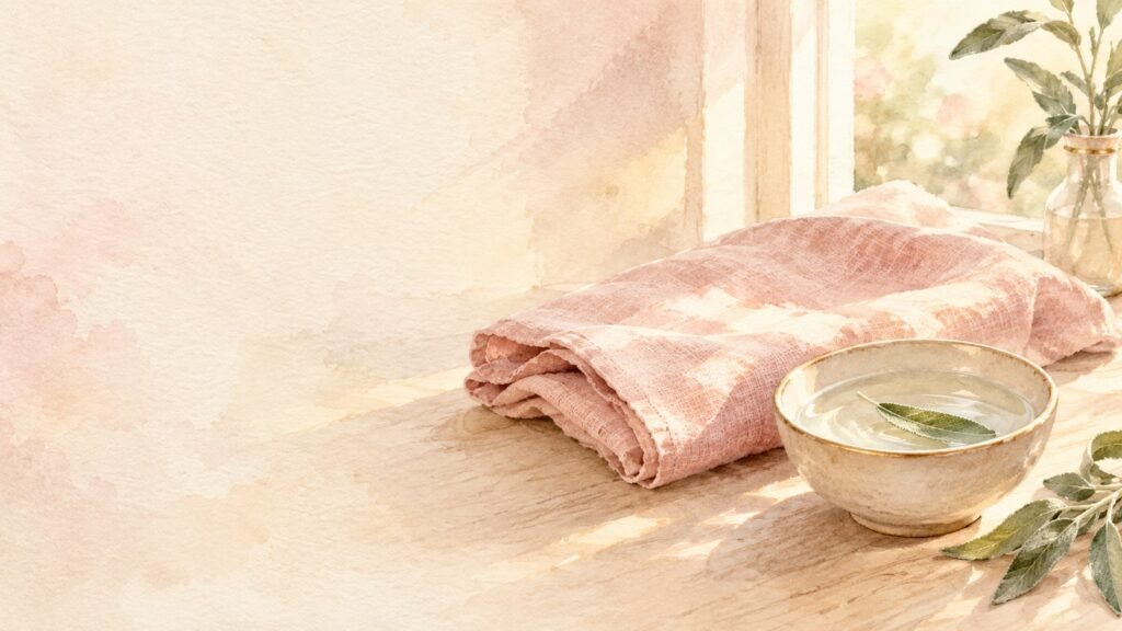Aquarelle : un linge rose poudré plié et un bol d'eau où flotte une feuille de sauge, dans la lumière d'une fenêtre