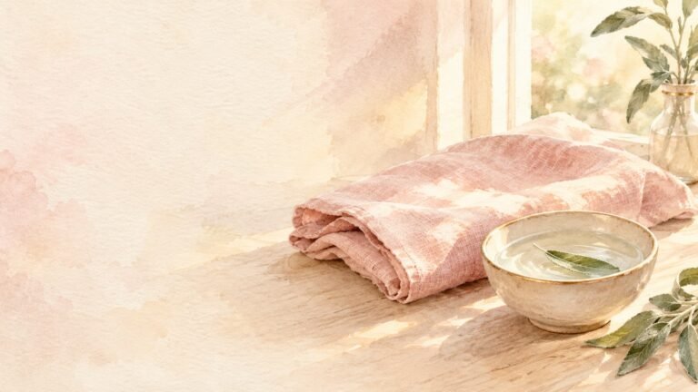Aquarelle : un linge rose poudré plié et un bol d'eau où flotte une feuille de sauge, dans la lumière d'une fenêtre